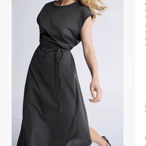ZARA Women’s Cap Sleeve Crew Neck Wrap Back Jersey Dress-Size M- Charcoal- NWT